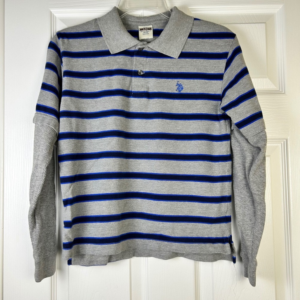 US Polo Assn Long Sleeve Striped Polo Shirt Boys Size 10 12 Gray Blue